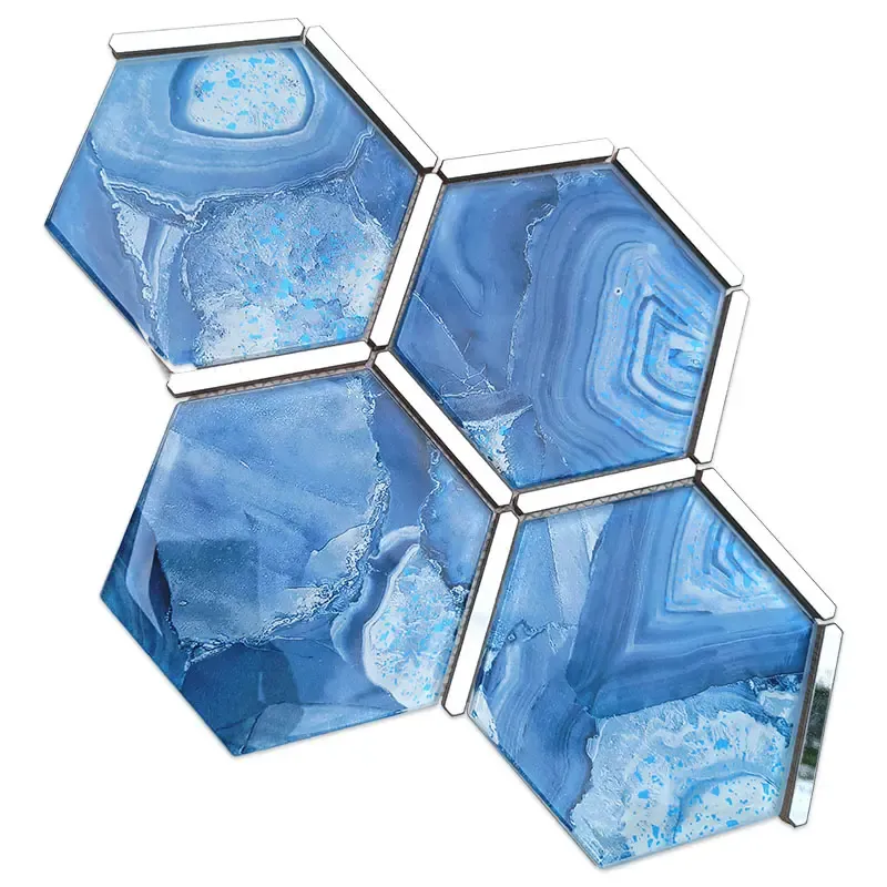 Blue silver hexagon waterjet glass mosaics