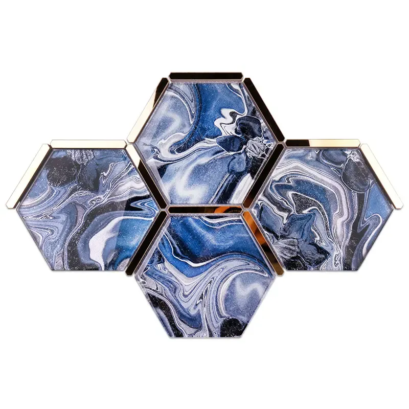 Deep blue hexagon water jet glass mosaic