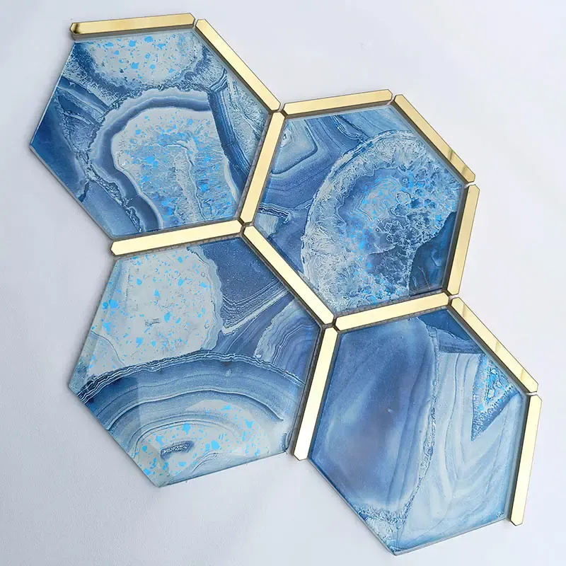 Sky blue golden hexagonal shape glass mosaics