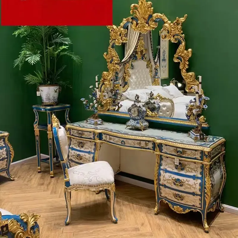 Italian French Baroque luxurious customized dresser table with mirror and stool