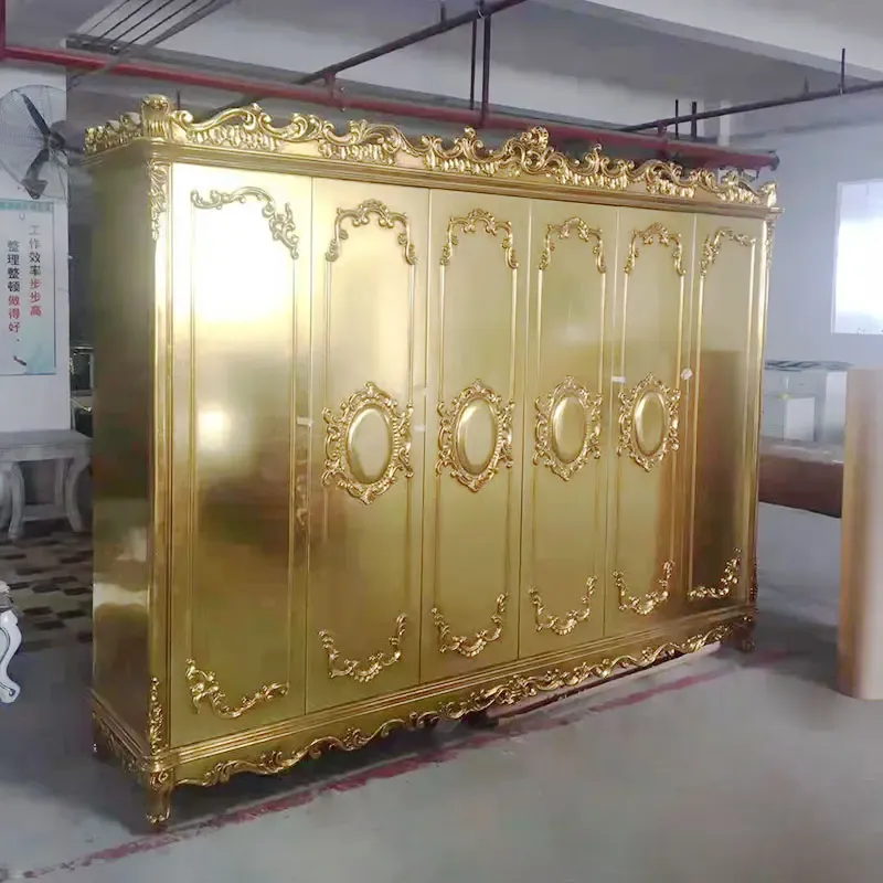 Italian luxury classical handcraft gold foil inlay veneer 4 door wardrobe