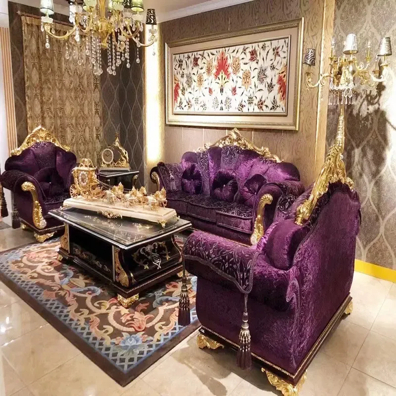 Muslin style gold plated brass purple velvet handmade flowers wood sofa