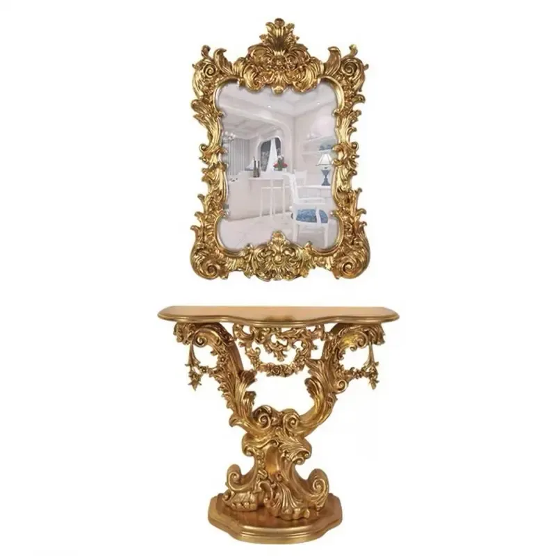 Classic Royal Design Luxury Wood Carved Console Table With Mirror