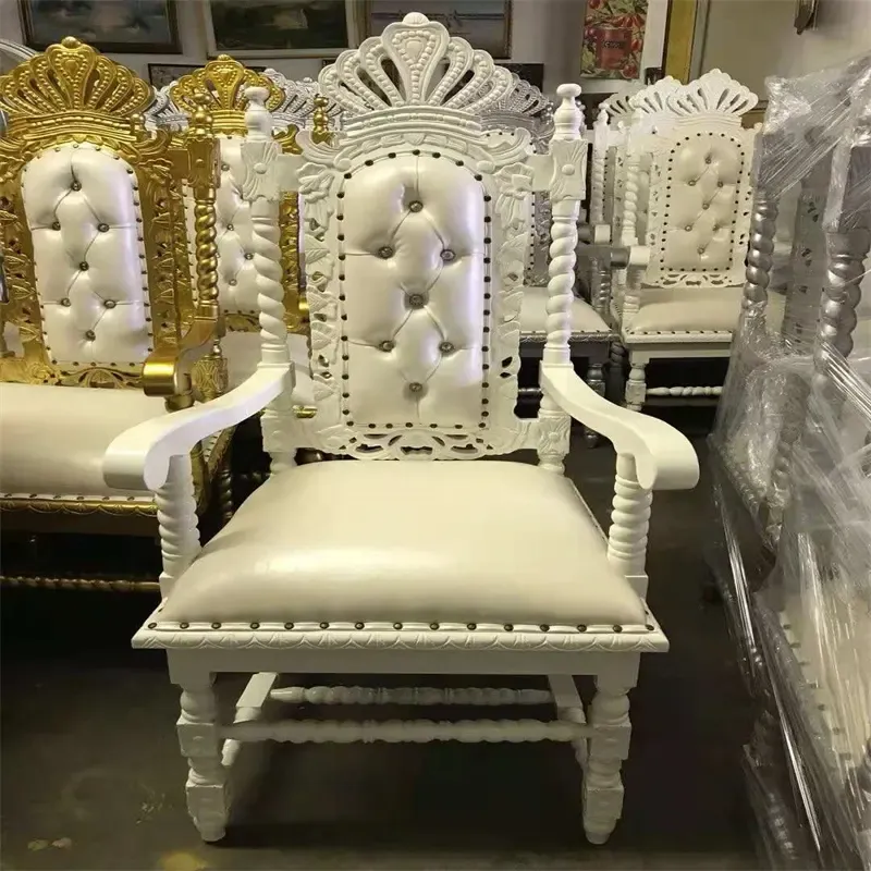 European Antique Wooden White Leather High Back King Throne Chair