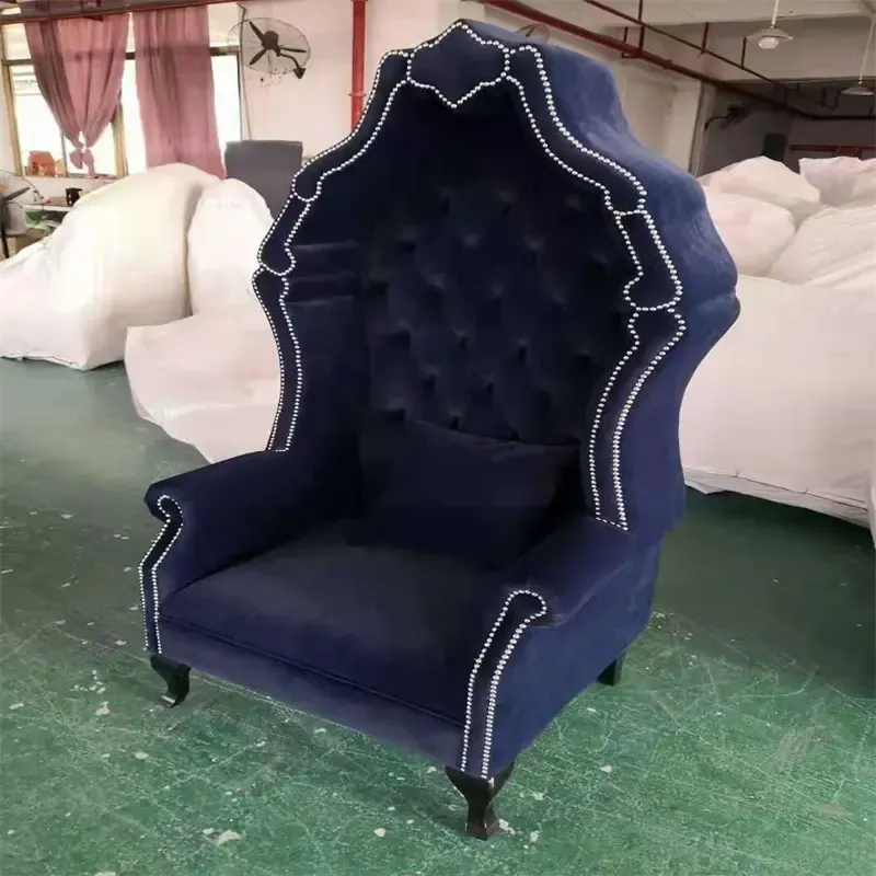High Back King Throne Chair With Blue Fabric