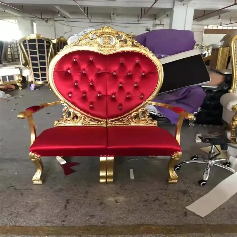 Luxurious Goldleaf Red Velvet Double Love Seat High Back King Throne Chair