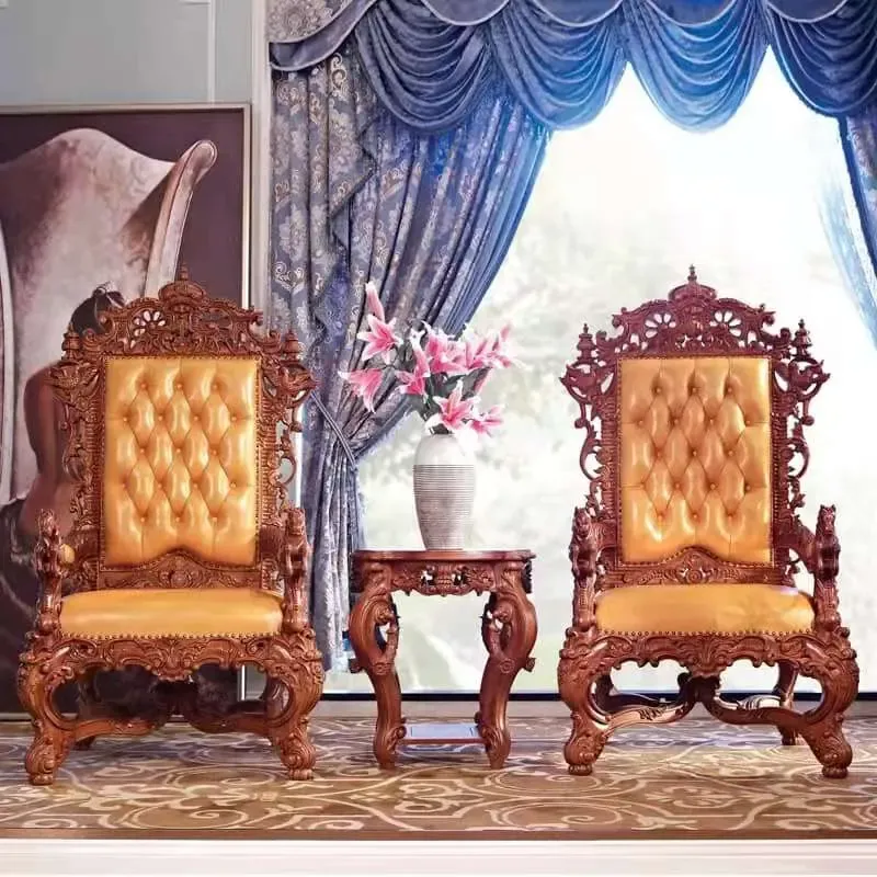 French Style Customised Wooden Carving Genuine Leather High Back Livingroom King Throne Chair