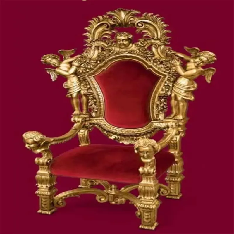 Italian Design Customised Wooden Carving Red Velvet King Throne High Back Chair With Angel Wing