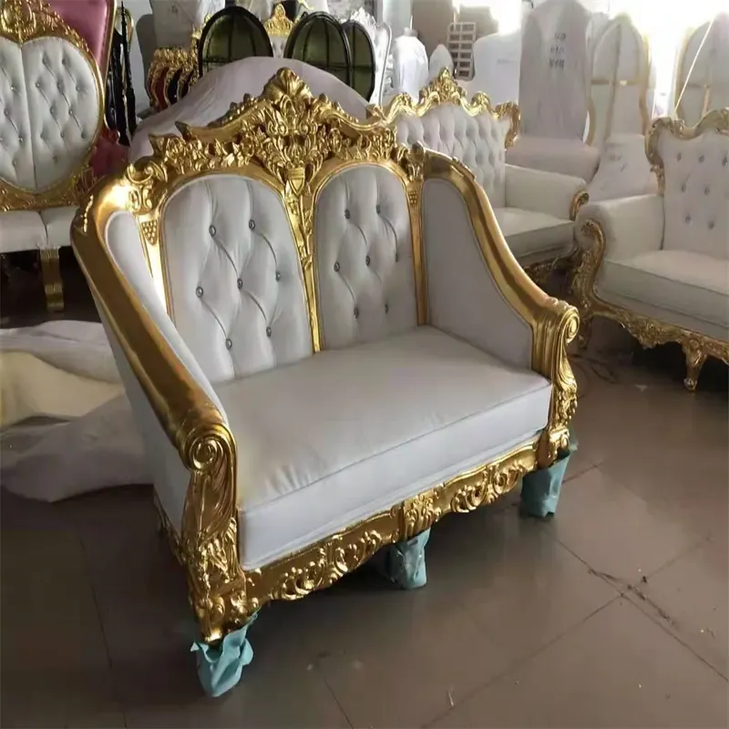 French Wood Carving Gild Brass White Leather Royal Empire Wedding Stage Couple Sofa
