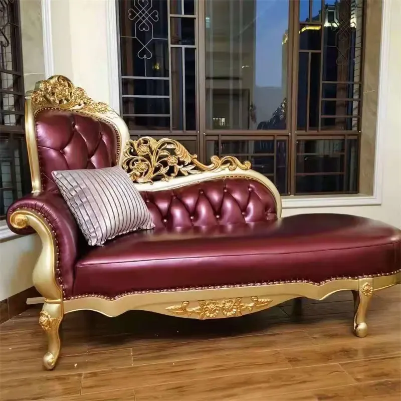 Antique Italian Gild Purple Genuine Leather Carving Living Room Lounge Sofa