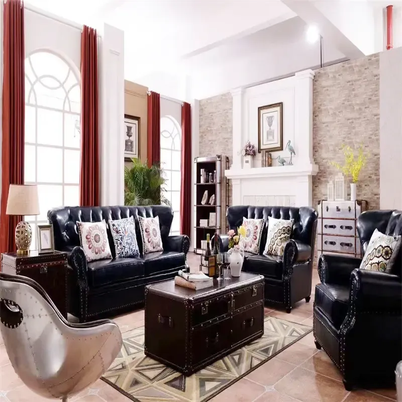 European Popular Home Modern Ameica Black Leather Sectional Sofa Throws 1+2+3 Seat Livingroom Furniture