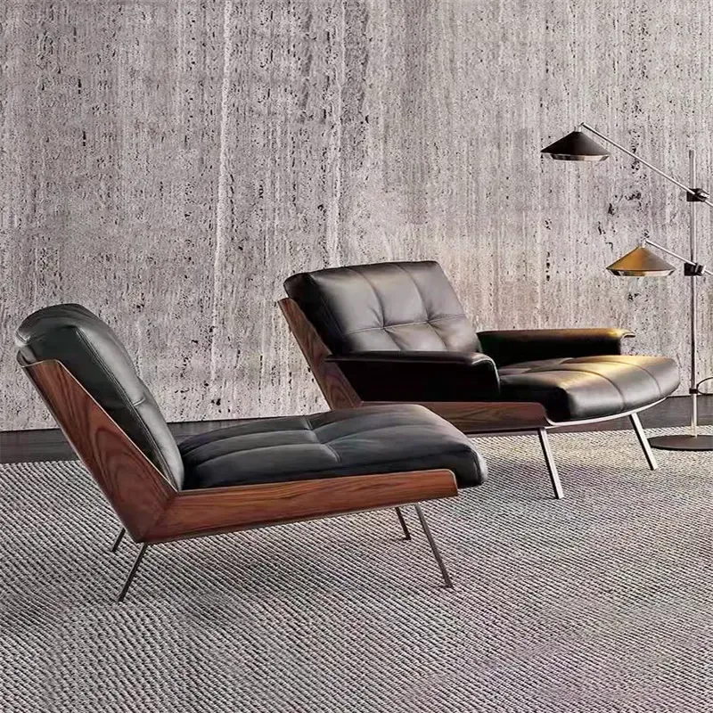 Factory Modern Nordic Black Leather Blend Boucle Black Metal Leg Cafe Livingroom Chair