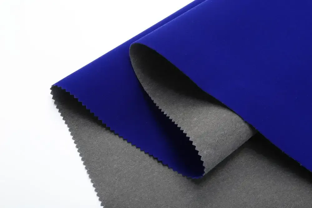 Blue velvet long pile flocking fabric